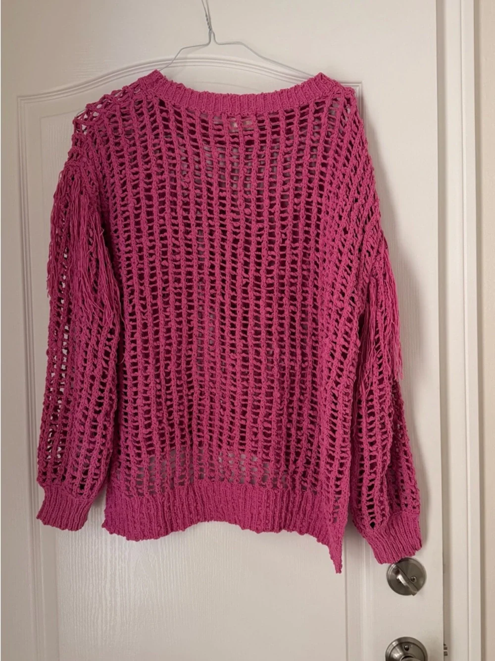 Fantastic Fawn Open-Knit Fringe Sweater — Fuchsia Pink - Picture 5 of 7
